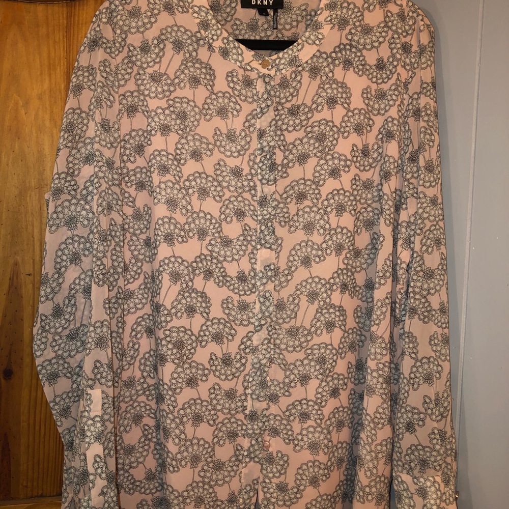 Rose pink with gray flower pattern. Long sleeve blouse
